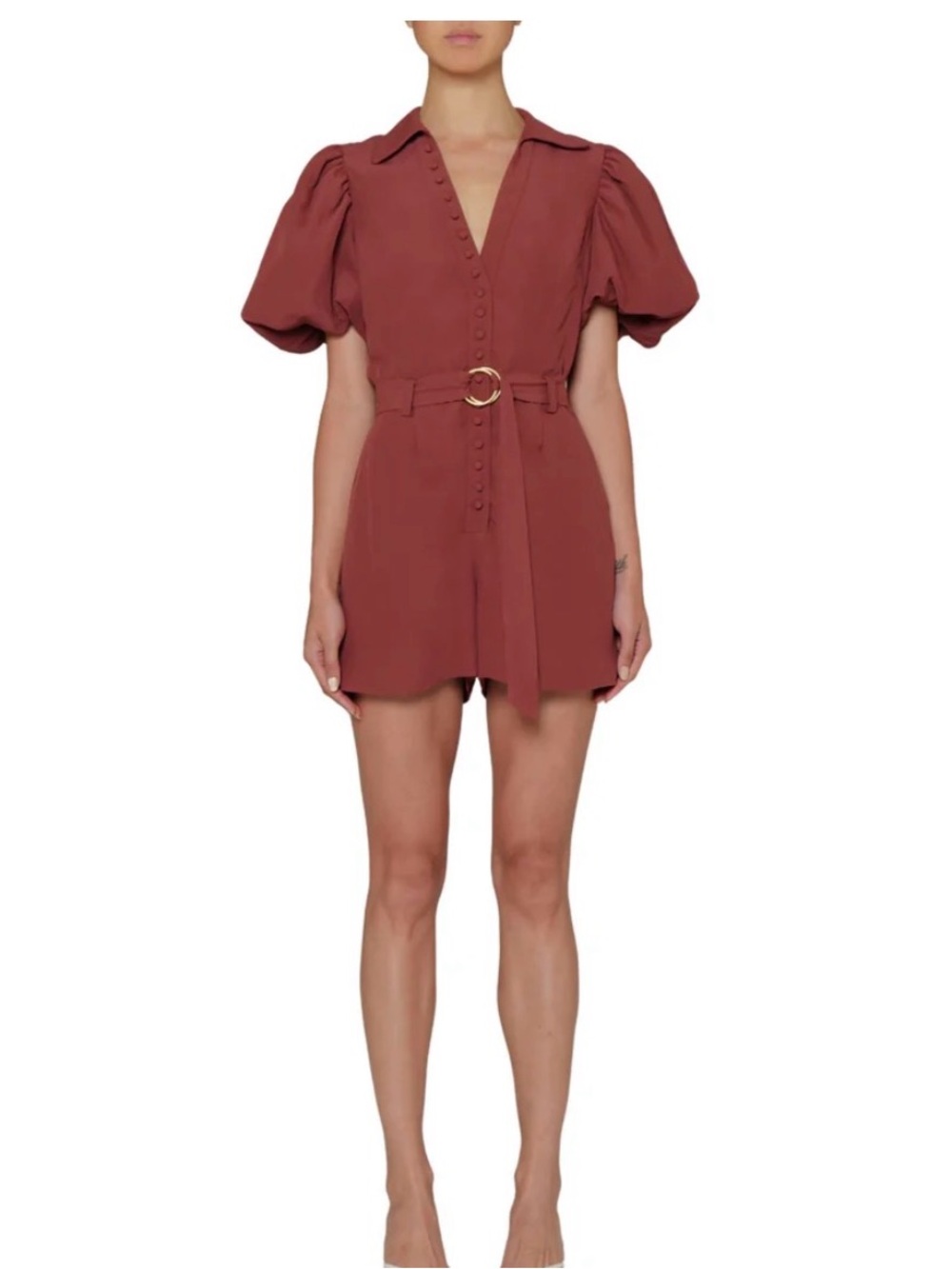 Boskemper Mari Rust Terracotta Mini Romper with Puff Sleeves size medium